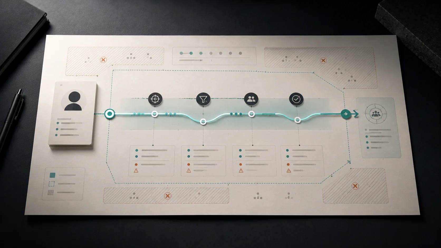 Controlled search lane map with gates, source boundaries and risk markers
