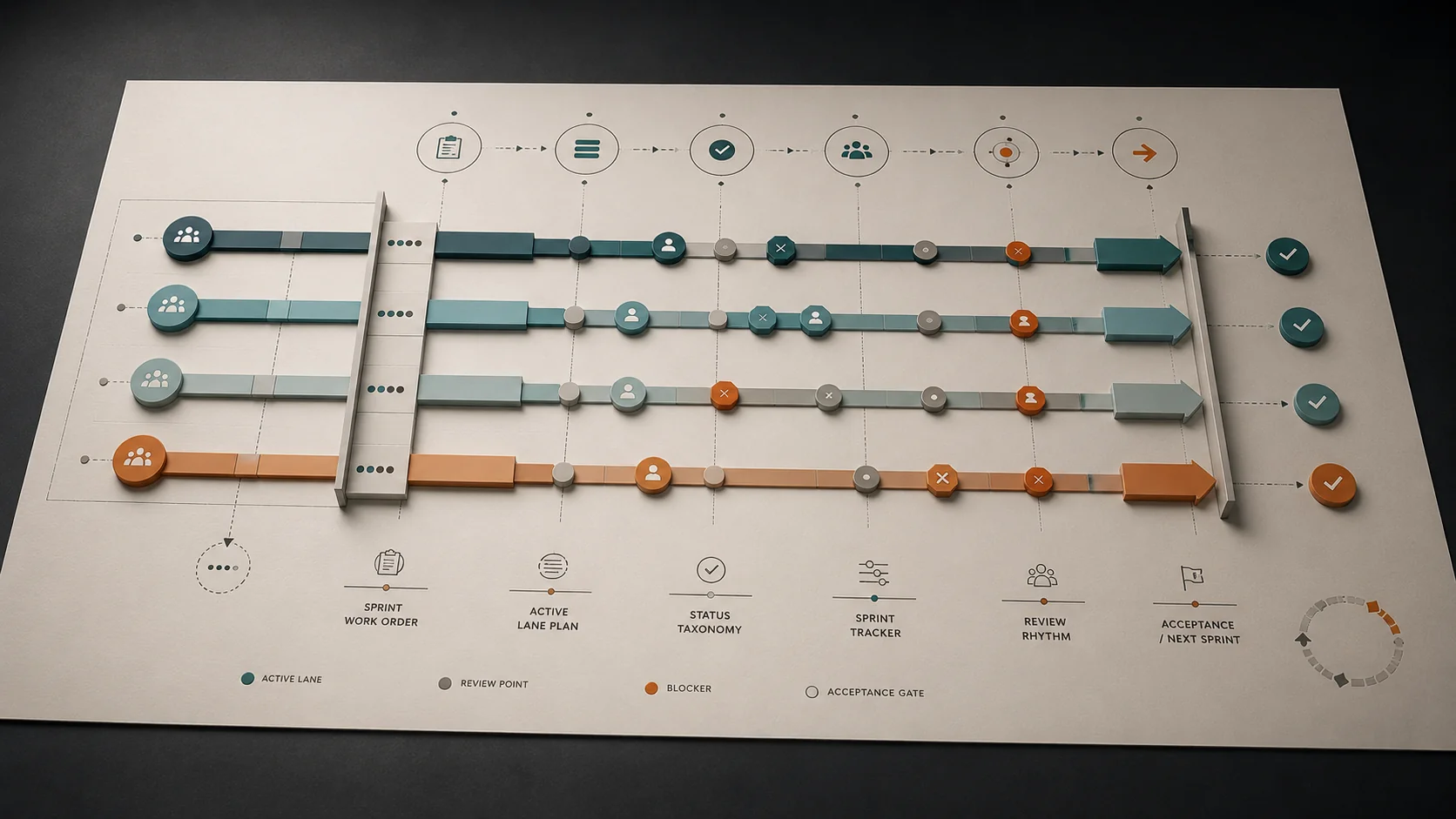 Sprint cadence system with lane cap, review rhythm and accountable status