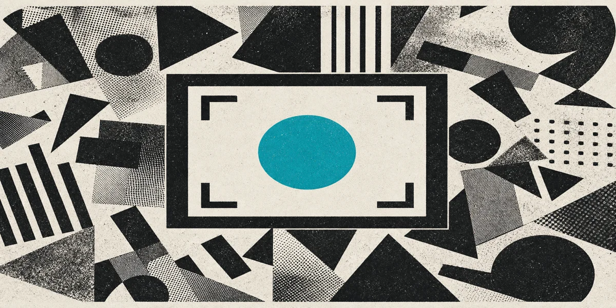 Risograph print: viewfinder framing one clear form amid chaos