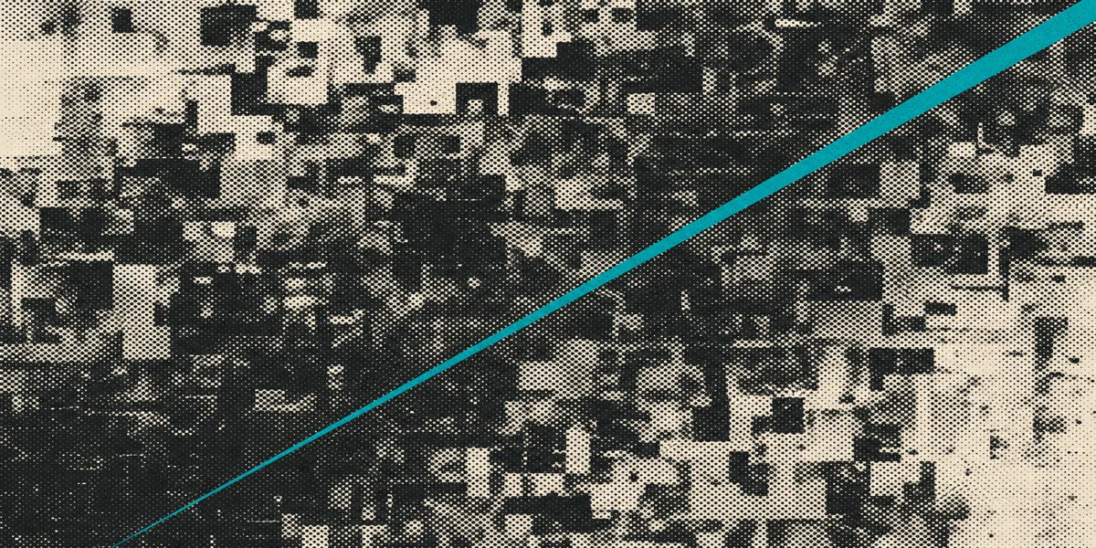 Risograph print: one sharp signal line through halftone noise