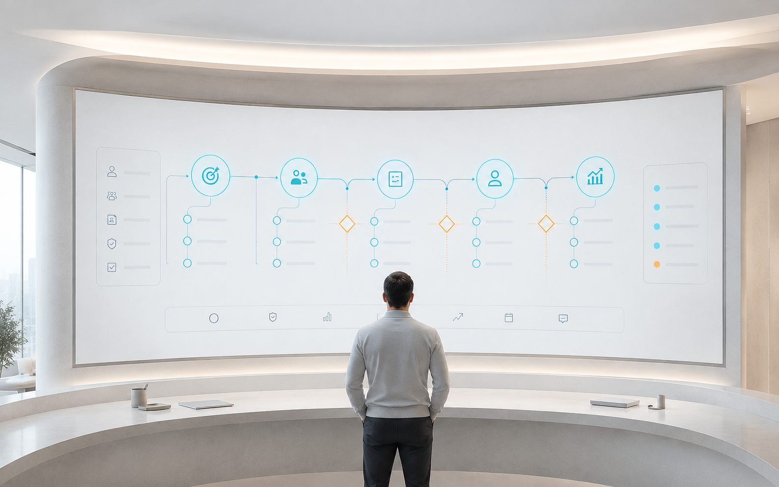 Executive reviewing a governed AI operating workflow on a curved strategy display