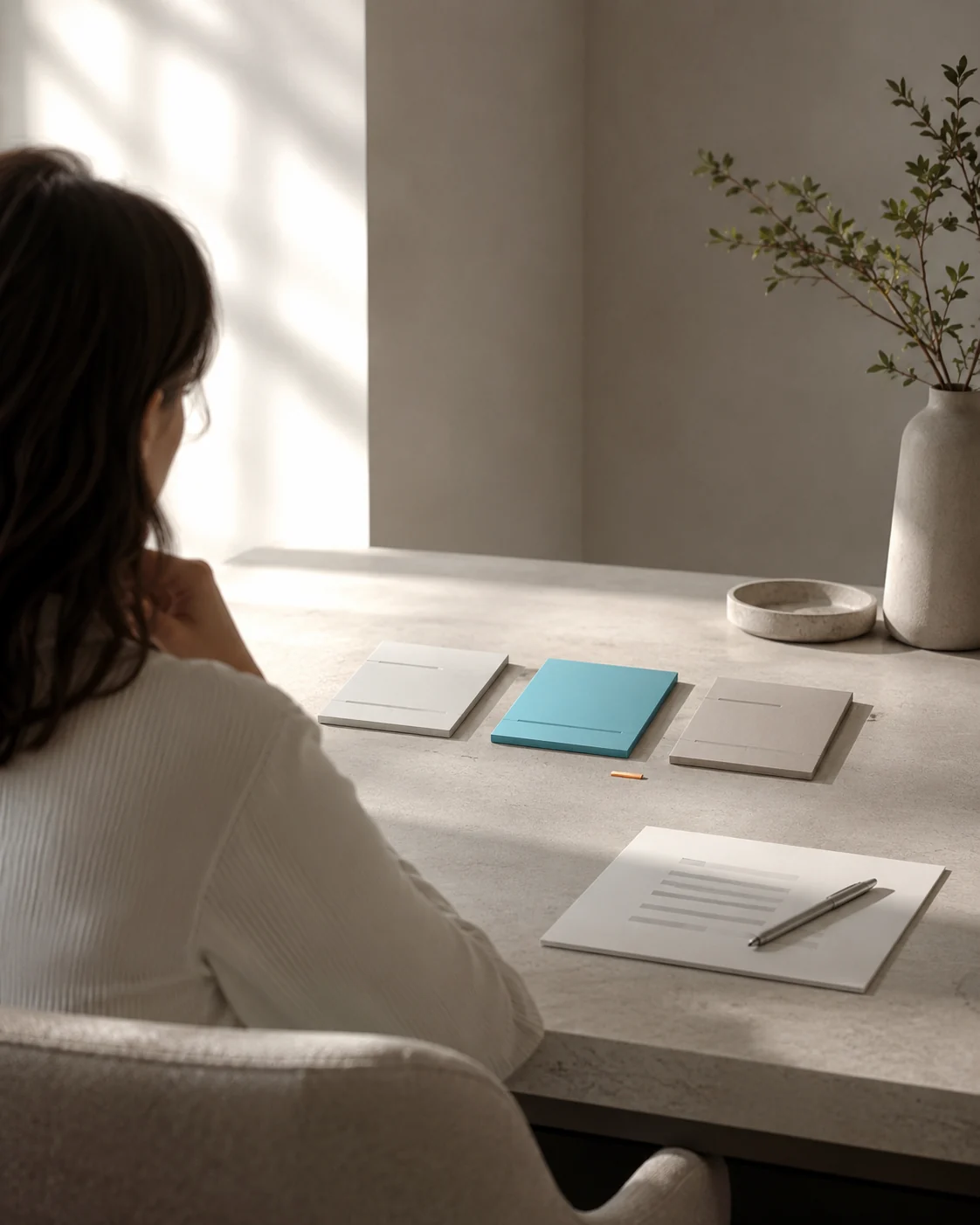Person at a desk comparing three blocks — still deciding which option fits