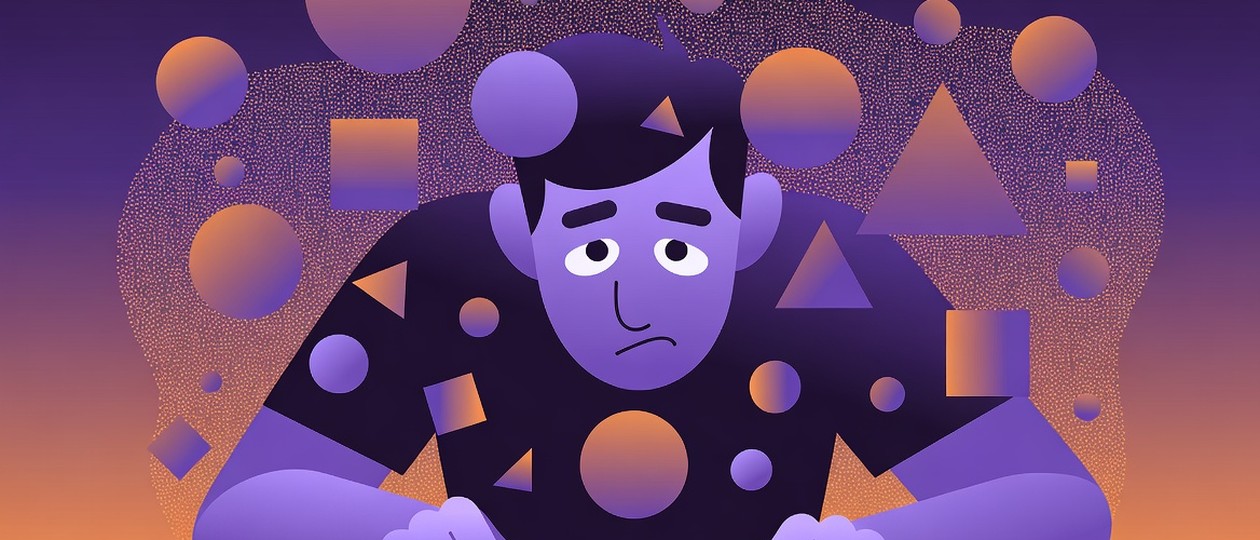 Person surrounded by geometric forms, symbolizing too many options