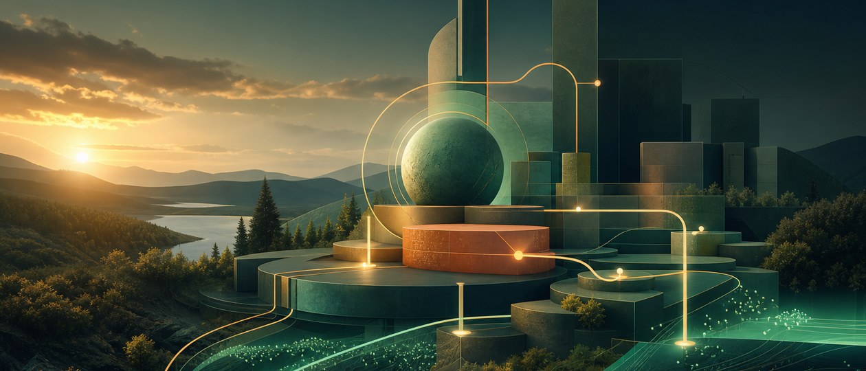Abstract organic geometric forms growing from a stable base